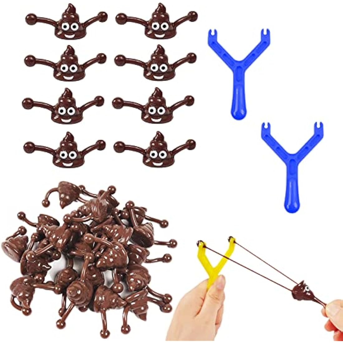 12pcs Funny Poo Slingshot Toy for Kids Adults,10 Poo Mochi Squishy Toys with 2 Slingshot,Poop Finger Shooting Slingshot Prank for Kids,Fun Mini Rubber Slingshot Flying Poop Toys Joke Toys Xmas Gifts