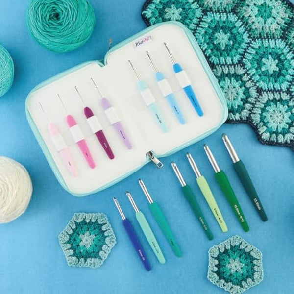 KnitPro Waves Crochet Hooks Set – 14 Hook Grande Gift Set, Sizes 2 – 12mm, Ergonomic Soft Handles, Soft Rubber Grip for Arthritic Hands, Light & Comfortable Crochet Needles for Knitting