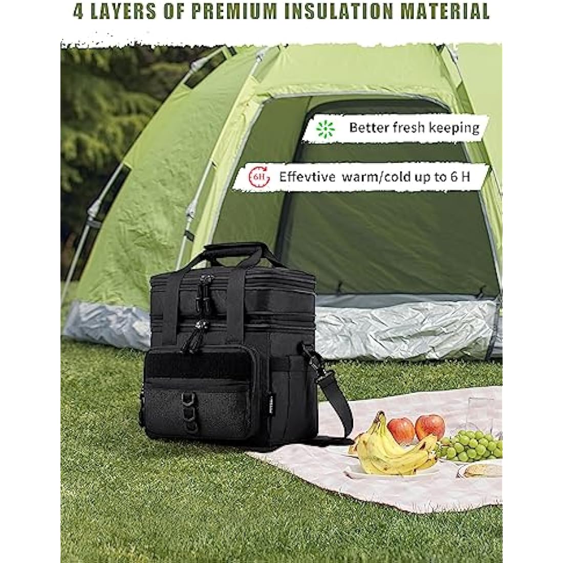 JOYHILL Tactical Lunch Box for Men, Double Deck Expandable Insulated Lunch Bag, Large Durable Thermal and Cooler Bag for Adult, Modern Leakproof Bag for Adult Work, Camping, Picnic, Black