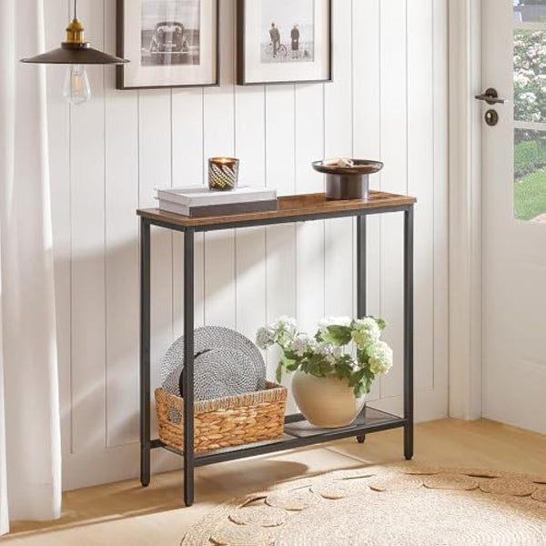 HOOBRO Slim Console Table with Storage, Narrow Console Table for Hallway, Industrial Hallway Table, Slim Sofa Table for Living Room, Bedroom, Rustic Brown and Black EBF74XG01