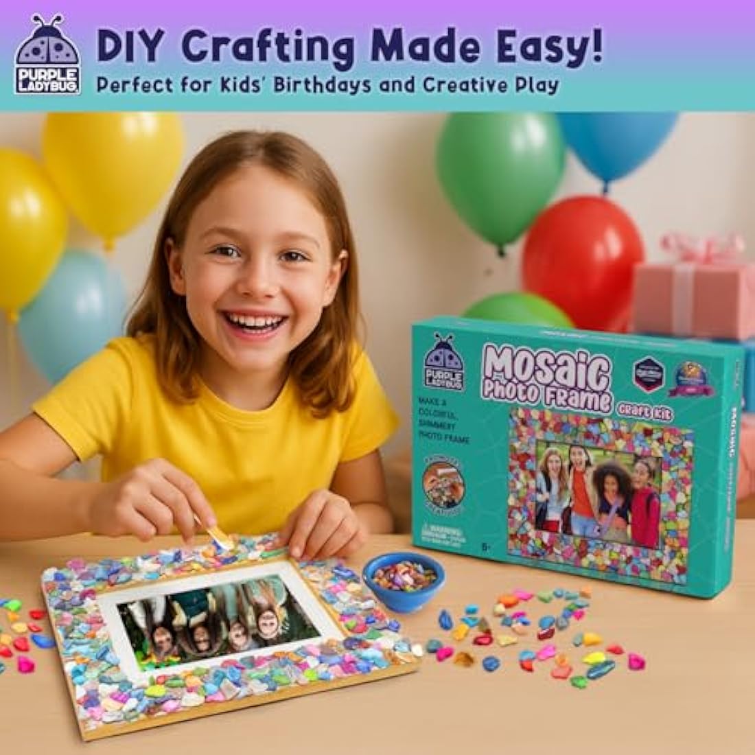 PURPLE LADYBUG Decorate Your Own Mosaic Photo Frame Craft Kits for Kids Age 6+ - 7 Year Old Girl Gifts, Birthday Gifts for 10 Year Olds Girls, DIY Arts and Crafts Activity for Kids Ages 6-10