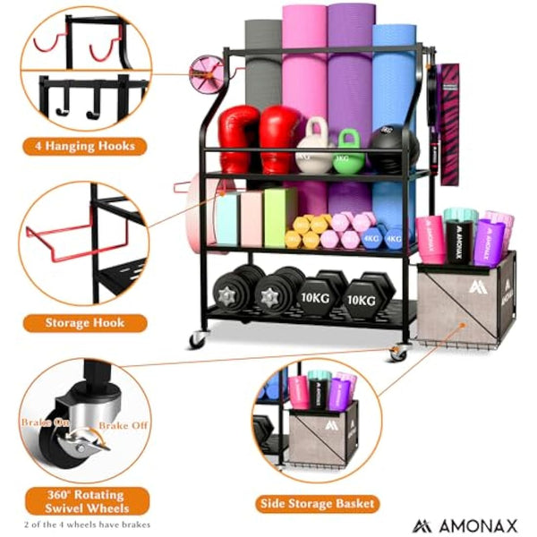 Amonax Home Gym Storage Dumbbell Rack, Weight Stand Kettlebell Rack Yoga Mat Holder Rack for Barbell Pad Resistance Band Foam Roller, Fitness Accessories Organizer Workout Equipment for Women