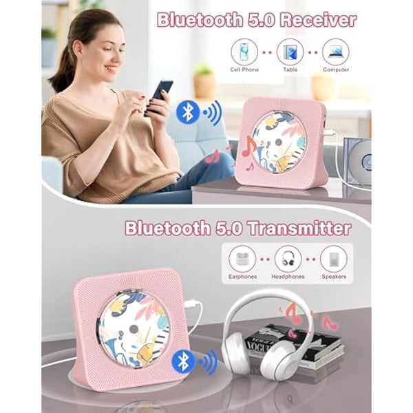 Greadio Portable CD Player with Bluetooth 5.0, Desktop CD Players for Home, CD Music Player with Speakers, Remote Control, Dust Cover, FM Radio, LCD Display, AUX, USB, Headphone Jack, Pink
