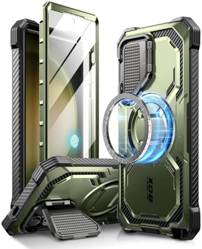 i-Blason Armorbox for Samsung Galaxy S24 Ultra Case MagSafe with Camera Cover Stand [Support Wireless Charger] 360 Full-Body Case with Screen Protector & Kickstand Phone Case for S24 Ultra, Green