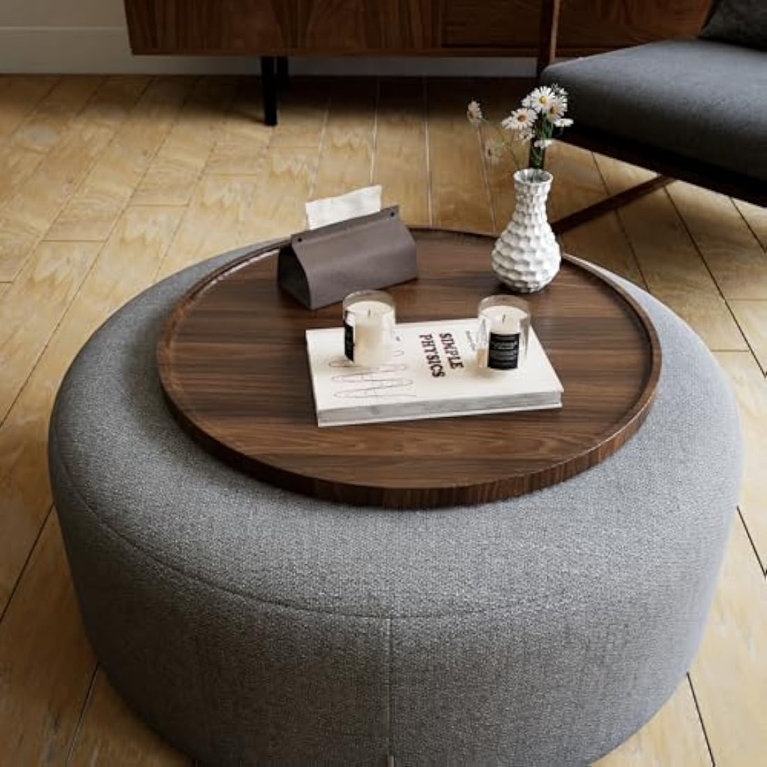 Hanobe Large Ottoman Serving Tray: Round Walnut Veneer Wooden Decorative Coffee Table Tray Rustic Circle Big Charcuterie Board Farmhouse Home Decor for Living Room 45cm