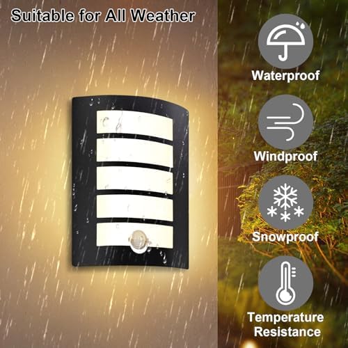 Wondlumi Outdoor Wall Lights Mains Powered 240V PIR Motion Sensor Curved Outside Wall Light Black IP44 Waterproof for Front Door, Incl. 12W LED E27 Bulbs Warm White