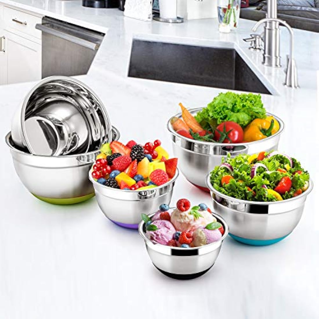 HaWare Mixing Bowls Set of 6, 100% Stainless Steel Nesting Bowls Set with Lids, Mirror Finish & Silicone Bottom, (Bright Colors), Heavy Duty & Dishwasher Safe - 4.5/3/2.5/1.5/1.2/0.7QT