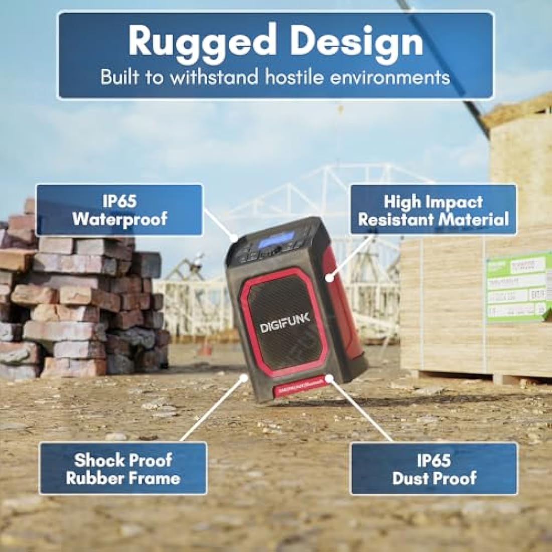 DigiFunk Work Site Radio | USB Rechargeable | DAB+, DAB, FM, Bluetooth, AUX Input | IP65 Waterproof Rugged Durable Design | Perfect for Builders, Outdoors, Warehouse, Garage, DIYer, Shed | Red