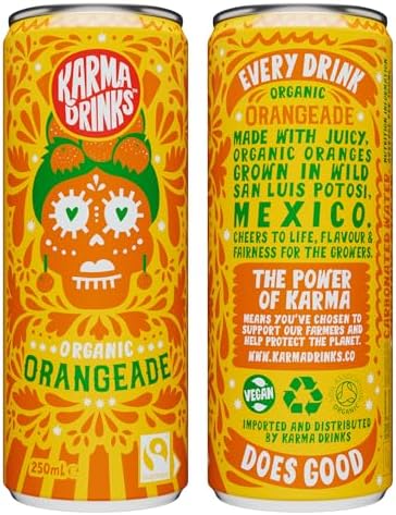 Karma Drinks Orangeade (250ml x 24 Cans Soft Drink), Organic, Gluten Free Lemonade cans, Natural Ingredients, Fairtrade, Vegan Friendly, No GMO, Carbonated Fizzy Drinks 24 Pack