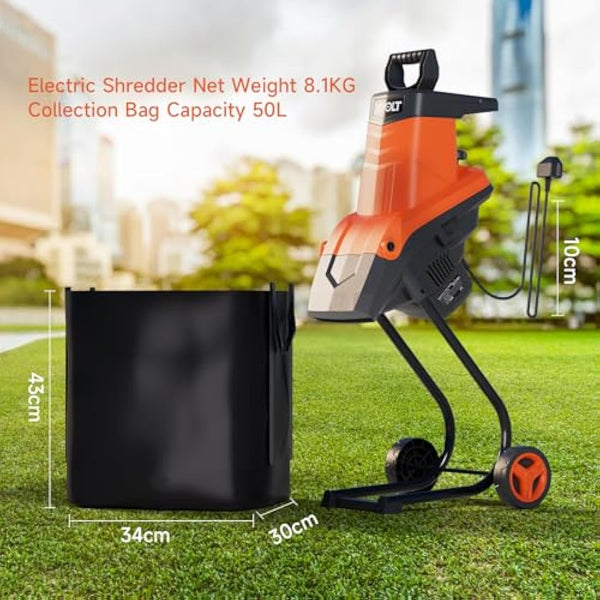 AIVOLT 2500W Garden Shredder, Electric Wood Chipper, Crush up to 45mm, 3600rpm Speed, 10m Power Cable, Reversible Steel Blades with Detachable 50L Collection Bag for Garden Debris, Leaves and Branches