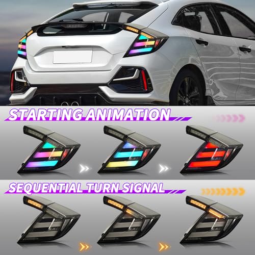 Archaic LED Rear Lights Compatible with 10th Honda Civic Type R Hatchback FK7 FK8 2016-2020, with Sequential Turn Signal, Animation DRL, Pair