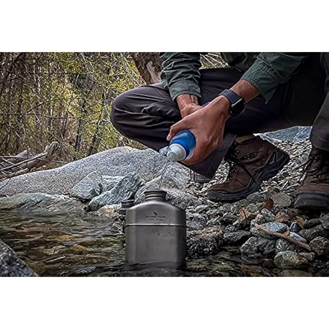 iBasingo Titanium Military Canteen Cups Set Camping Cookware Mess Kit 1100ml Large Capacity Feldflasche German Water Bottle Mug Lightweight Outdoor Backpacking Cookset with Pouch