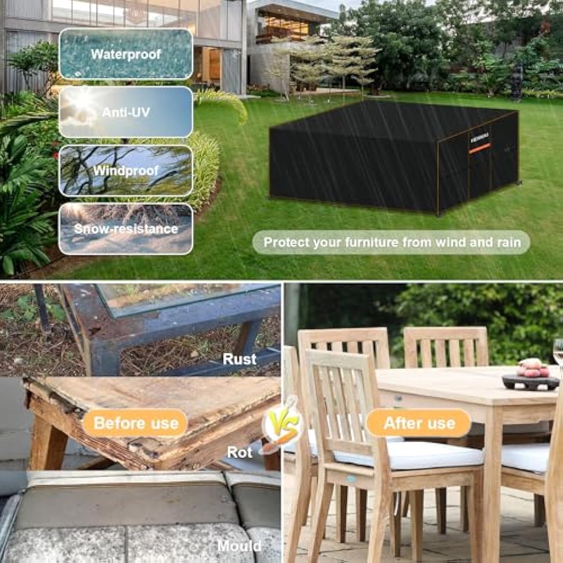 HEIMUNI Garden Furniture Covers, 240x140x90cm Outdoor Table Cover Rectangular, 420D Oxford Fabric Large Patio Set Cover Waterproof Covers for Outdoor Furniture, Table and Chairs Set