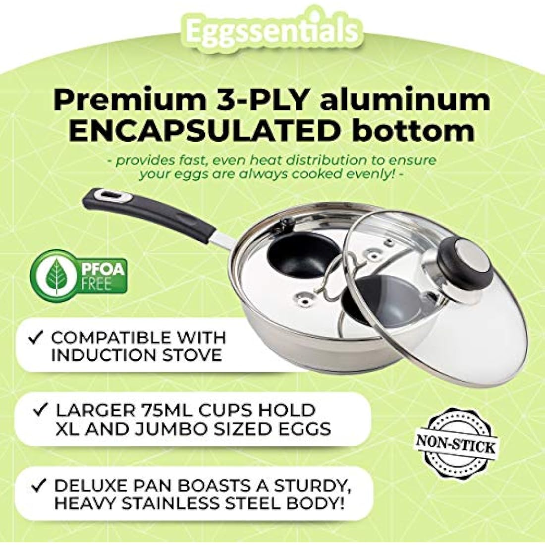 Eggssentials Egg Poacher Pan - Nonstick Coating, Stainless Steel, PFOA Free Poached Egg Maker with Spatula
