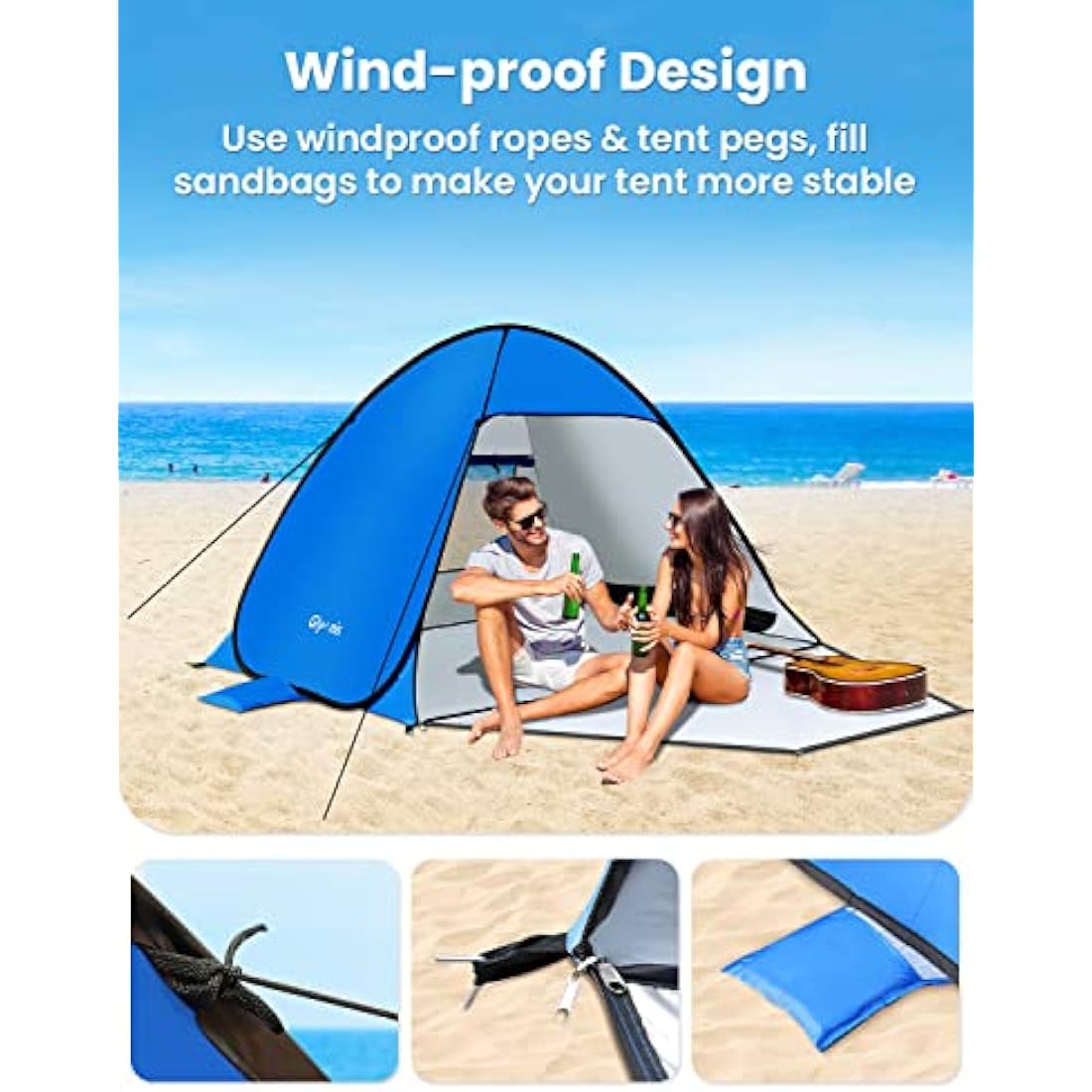 Glymnis Pop Up Beach Tent Small for 1-2 Person/Large for 3-4 Person, UV Protection Beach Sun Shelter with Zipper Porch, Portable Sun Shade Tent for Beach, Garden, Picnic
