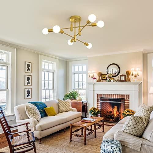 JIINOO Chandelier Modern Pendant Light 6 Lights Metal Industrial Vintage Bracket Chandelier for Living Room Dining Room Bedroom Foyer, Gold