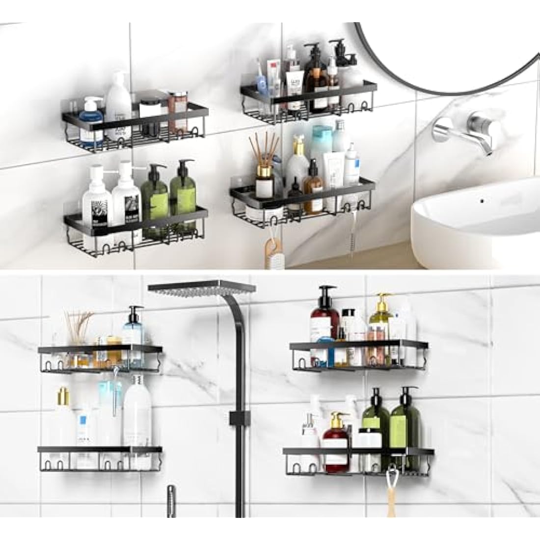 DIFULI Shower Caddy Shelf Organiser 4 Pack, No Drill Black Shower Shelves,Self Adhesive Bathroom Caddy,Shower Storage Accessories, Wall Mounted Shampoo Holder