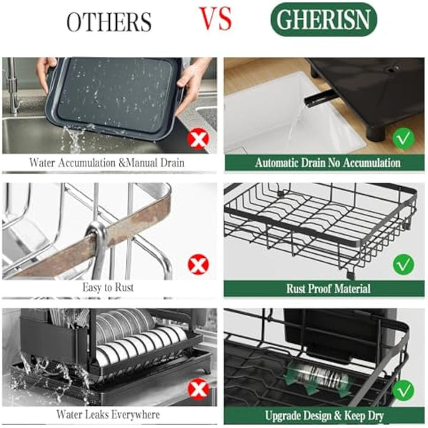 2 Tier Dish Drainer Rack for Kitchen with Drip Tray, Sink Drainer with 360° Swivel Drainage Spout, Dish Drying with Cups, Utensil & Cutting Board Holders for Kitchen Counter Space-Saving, Black