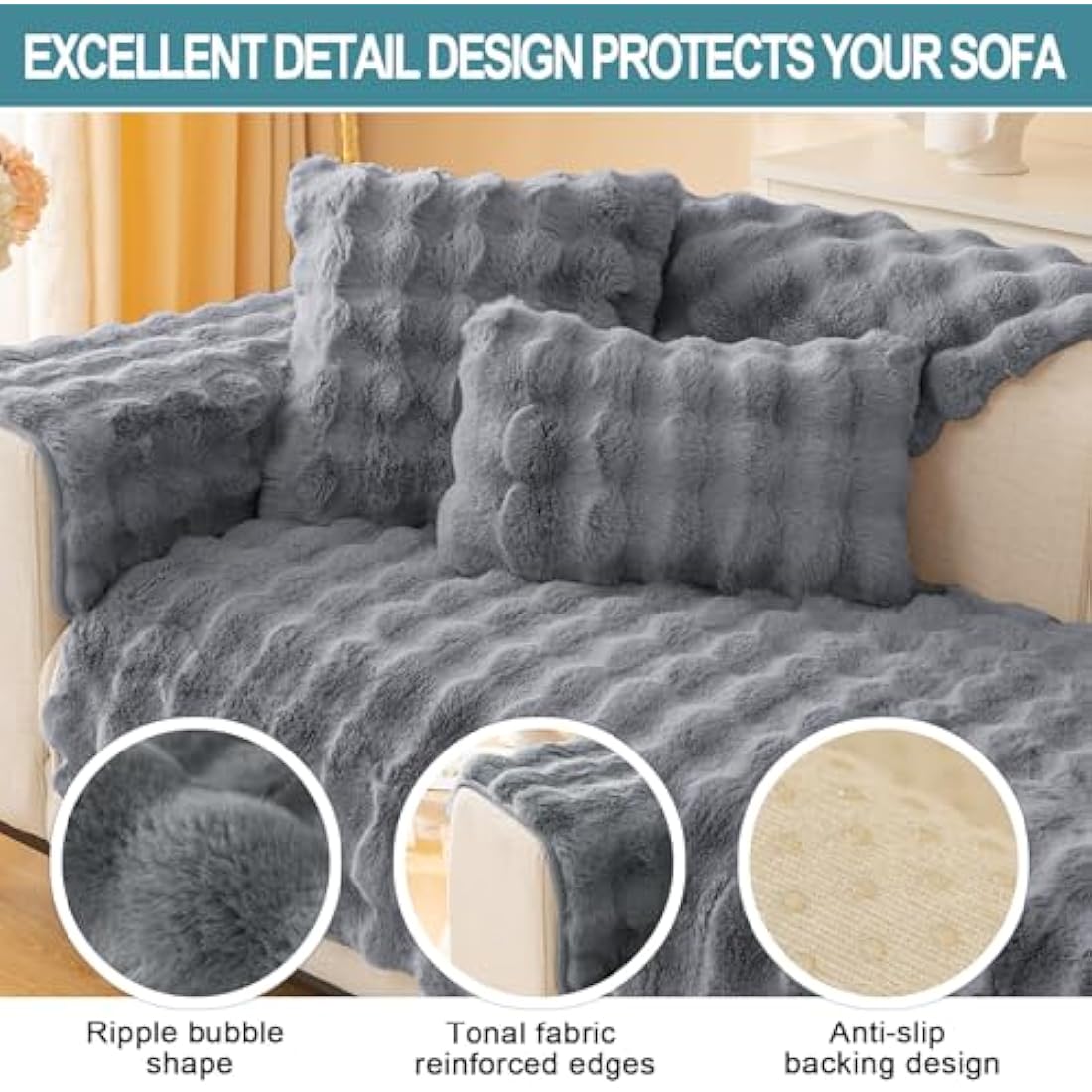 SHANNA Thick Rabbit Plush Sofa Cover 1 2 3 Seater, New Universal Non-Slip Corner Sofa Cover L Shape Super Soft Faux Fur Sofa Slipcovers for Living Room(Grey, 90 * 240cm Seater Cover)