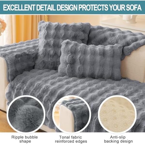 SHANNA Thick Rabbit Plush Sofa Cover 1 2 3 Seater, New Universal Non-Slip Corner Sofa Cover L Shape Super Soft Faux Fur Sofa Slipcovers for Living Room(Grey, 90 * 240cm Seater Cover)