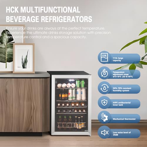 HCK 48L Mini Fridge with Glass Door, 0-15°C Cooling Zone and 2 Shelves, Compact Beverage Refrigerator Cooler for Bar and Living Room