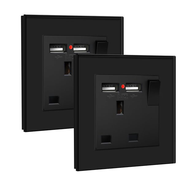 BSEED Double Socket 13A with LED Indicator, Double Switched Wall Socket 2 Gang UK Standard, Electric Switched Plug Power Wall Outlet with Glass Panel, Grey