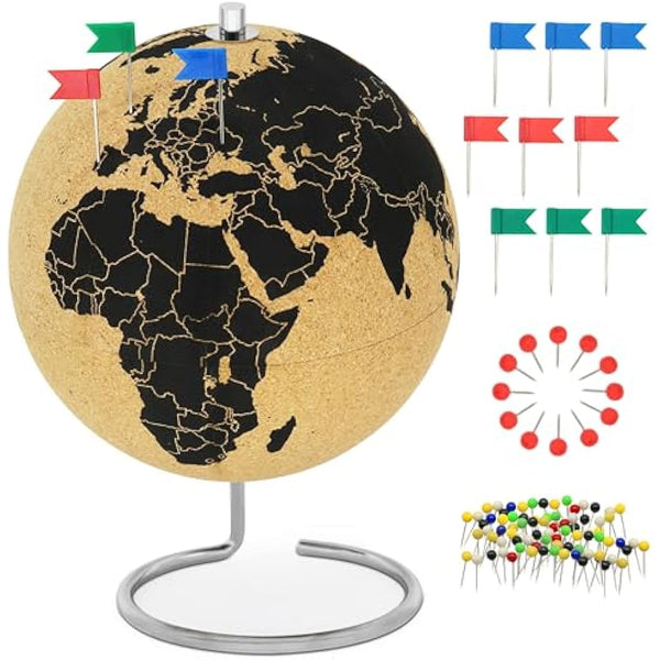 Clear cork globe with 54 different pins - spinning globe 26cm high made of cork - globe as a gift idea for globetrotters