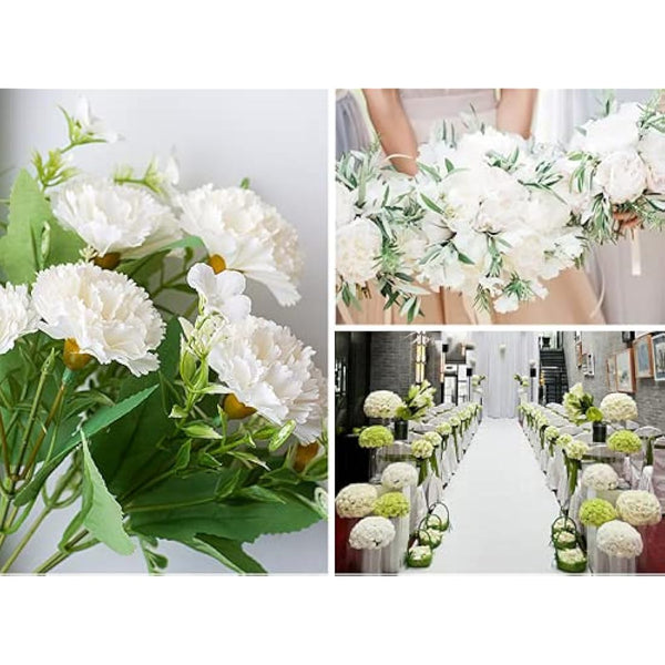 3 Bunches Artificial Silk Flower Carnations,12 Inch Bouquet and Green Leaf for Photo Props Home Party,Home Decoration Bridal Wedding Festival Decoration with 13 Per Bunch Flower (White)