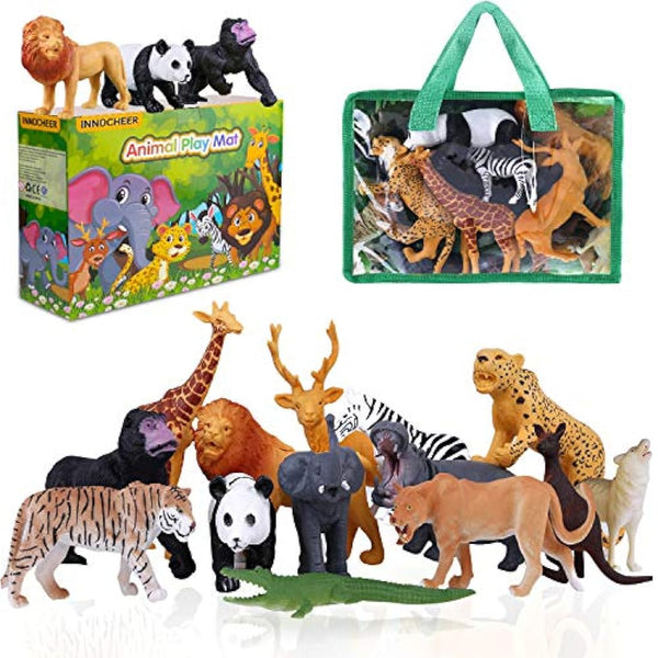 INNOCHEER Safari Animals Figures Toys, Realistic Wild Zoo Animals Figurines with Play Mat, Large Jungle Animals Playset with Elephant, Giraffe, Lion, Tiger, Gorilla Panda...for Kids Toddlers, Gift Set
