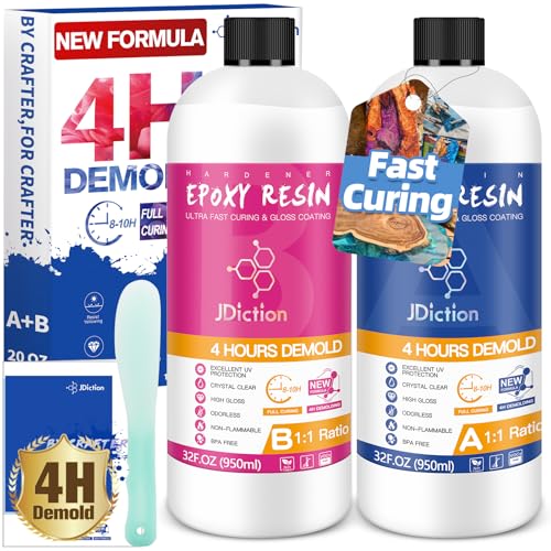 JDiction Fast Curing Epoxy Resin, 64OZ/1.9L 4H Demold Epoxy Resin Kit -Crystal Clear, Bubble-Free, Not-Yellowing, Self-Leveling for Art Resina, Jewelry, Craft, Fast Casting & Easy Mix Epoxy Resina