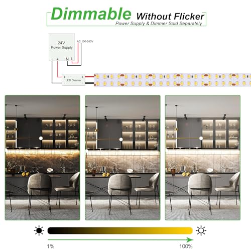 JOYLIT 24V LED Strip Lights 5M 3000K Warm White Dual Row 11200LM Ultra Bright, CE UL Professional CRI 90+ 240LEDs/M High Density 2835 SMD 120W