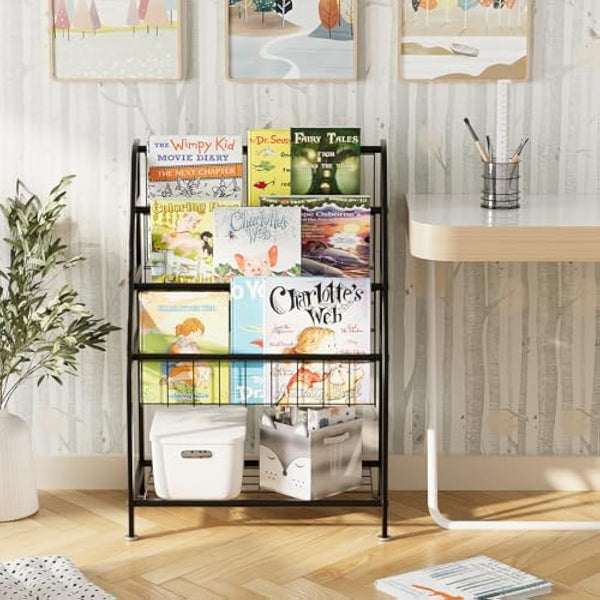 Huhote Children Kids Bookshelf, Small Bookcase, Kids Book Rack, Book and Toy Storage Organizer Display Stands Shelf for Small Place Living Room Study Children's Room (Black)