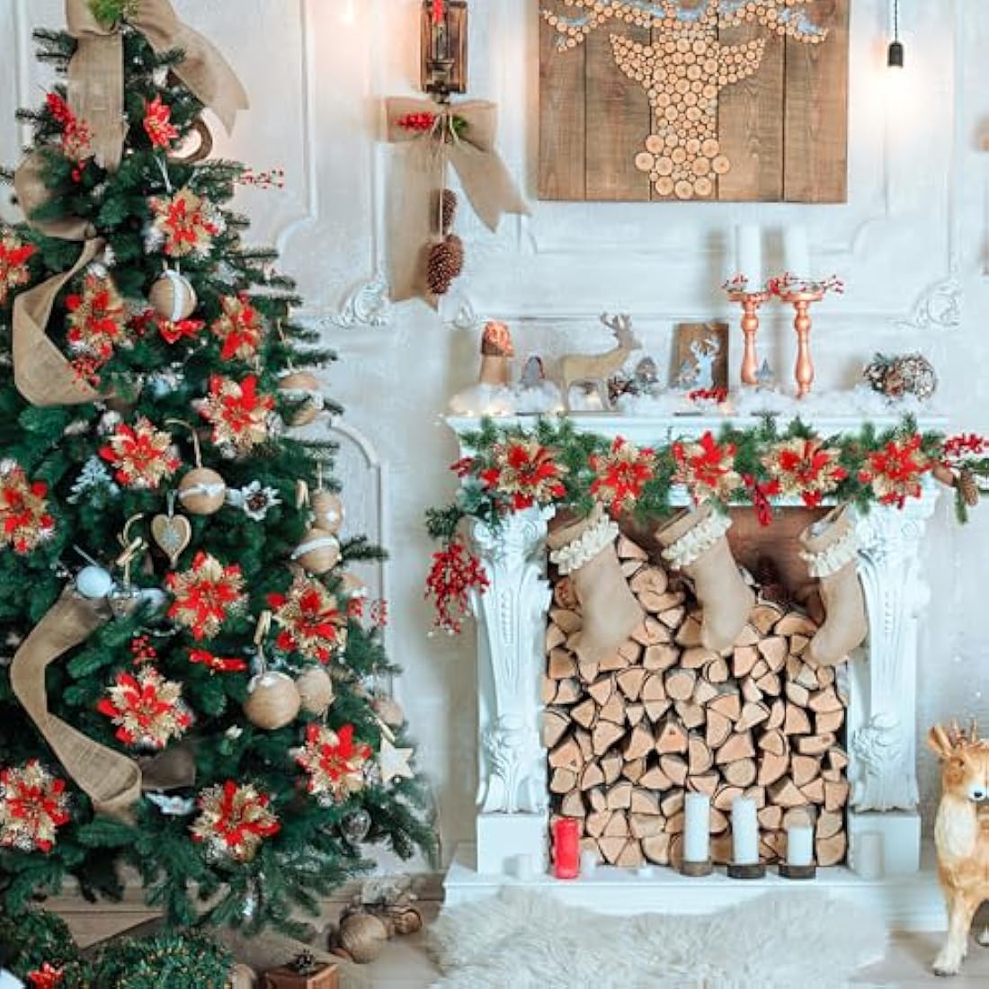 12pcs Glitter Poinsettia Christmas Tree Decorations Artificial Flowers Ornaments Stems Clips Xmas Tree Party Wreath Holiday Decor