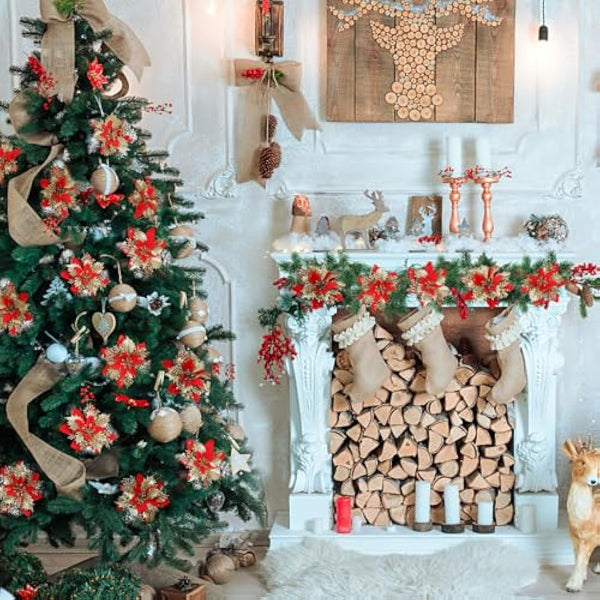 12pcs Glitter Poinsettia Christmas Tree Decorations Artificial Flowers Ornaments Stems Clips Xmas Tree Party Wreath Holiday Decor