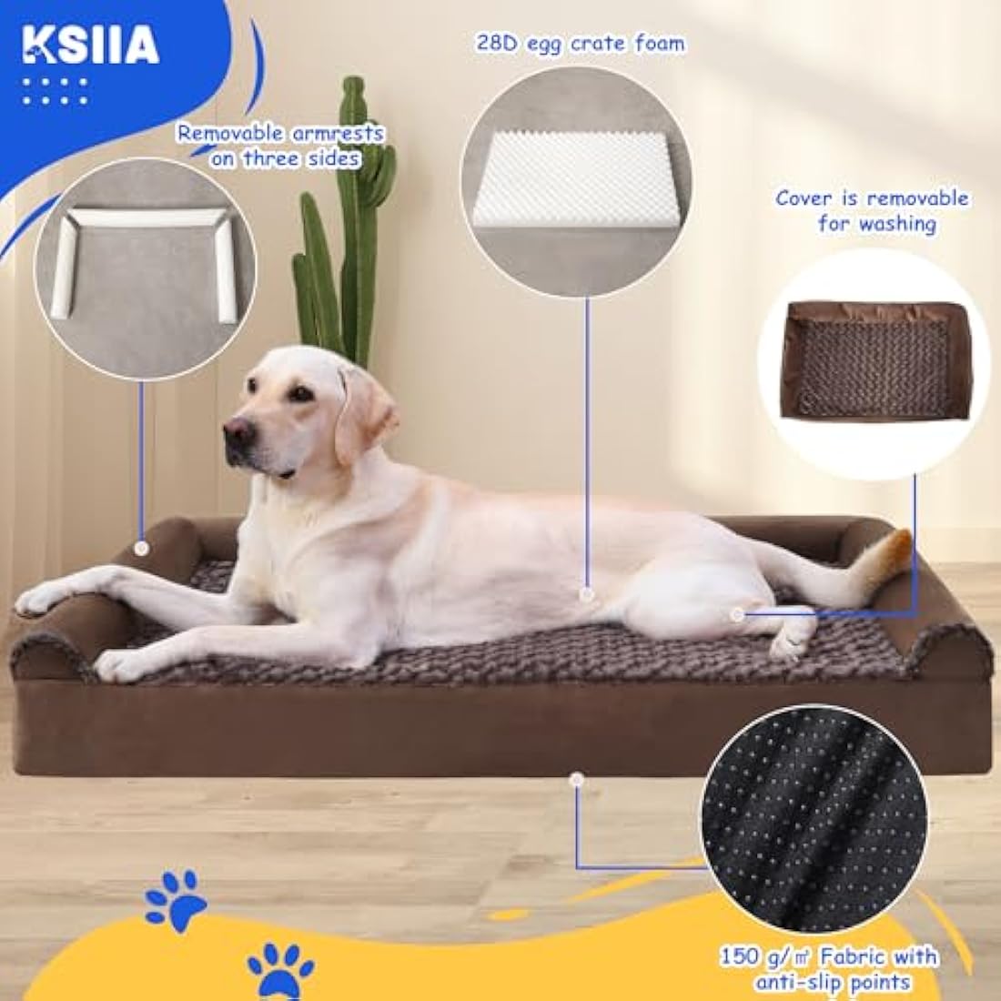 KSIIA Large Dog Bed, Orthopedic Dog Sofa Beds Pet Bed, Dog Couch with Removable Washable Cover, Waterproof Dog Bed, Pet Sofa with U-Shape Bolster, Brown 91x68x16cm