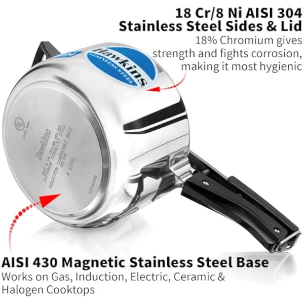 Hawkins B45 Pressure Cooker, 4 Litre, Silver