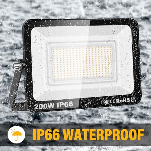 RIGIDON 1 Pcs Outdoor Flood LED Work Light, 200W 20000 Lumens Floodlight, Daylight Warm White Security Lights for Garden Yard Lawn Basketball Football Court Patio Landscape, IP66 Waterproof 3000K