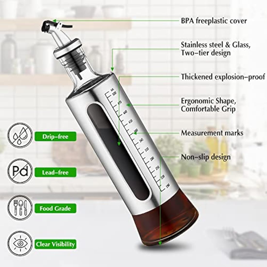ACEWARMS Oil dispenser bottle for kitchen, Olive oil bottles with drizzlers, Vinegar bottles, 500ml 4Pack glass soy sauce bottles with lids+Stainless steel funnel (500ml 4Pack)