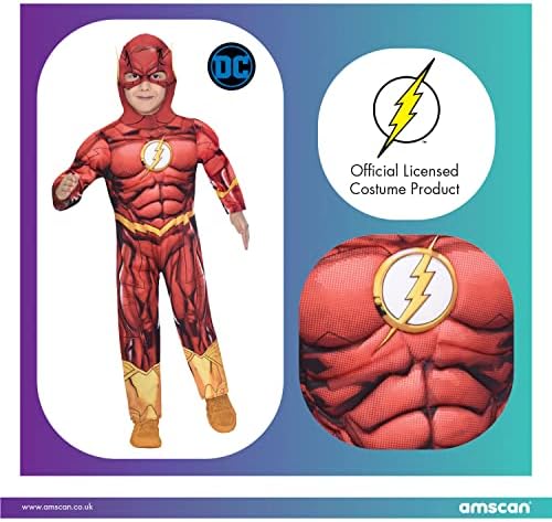 Amscan - Kids The Flash Costume Jumpsuit with Padded Chest Mask Series DC Super Heroes Theme Party Carnival