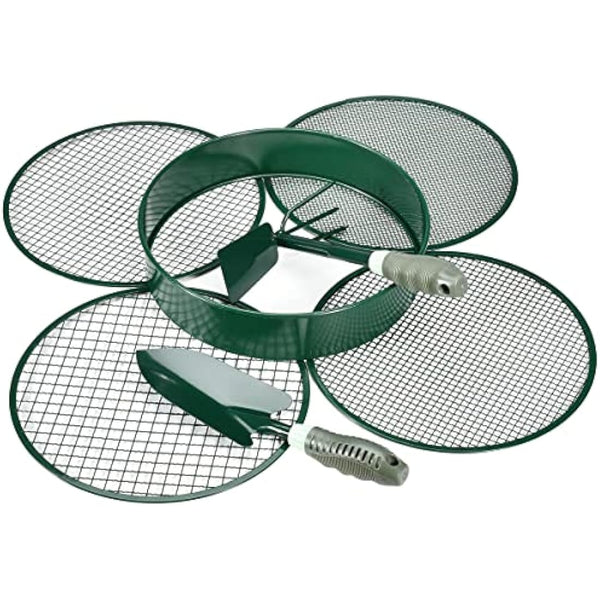johgee Garden Sieve Metal, Soil Sieve, Garden Riddle Mesh Sizes 12mm/9mm/6mm/3mm, Gardening Sieve for Soil and Stones Large, Equipped with a Shovel and a Rake