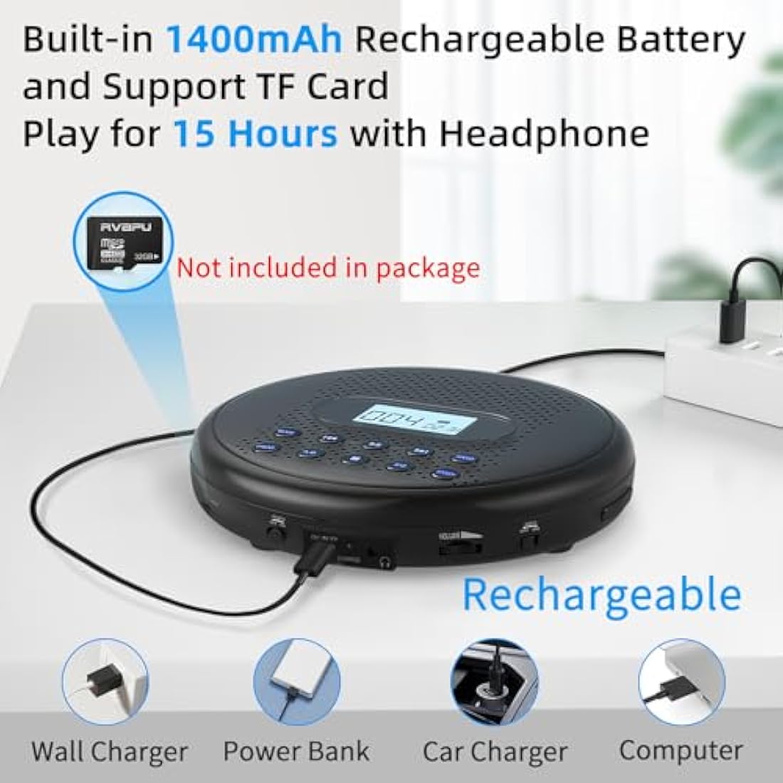 ARAFUNA Portable CD Player with Dual Stereo Speakers, Rechargeable CD Player for Car with Anti-Skip Protection, Compact Player with Headphones and AUX Cable