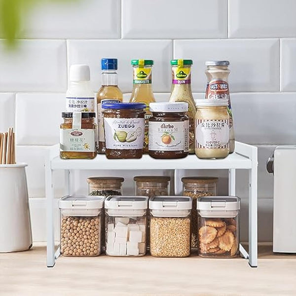 Goodsnetic Expandable Cabinet Shelf 13.8~26"(L), Stackable Kitchen Counter Organizer, 33LBS Heavy Duty Riser, Countertop Storage Pantry ， Durable Metal Sink Shelf (White L)