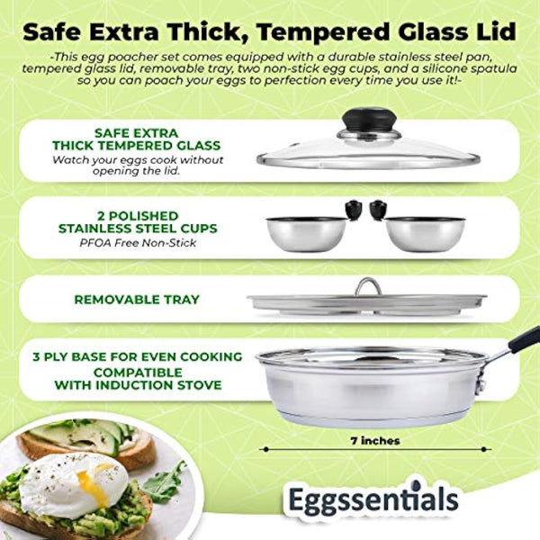 Eggssentials Egg Poacher Pan - Nonstick Coating, Stainless Steel, PFOA Free Poached Egg Maker with Spatula