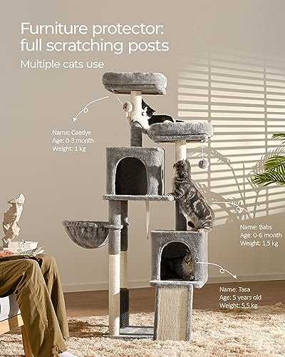 FourFurPets Indoor Cat Scratching Post 156 cm with Sisal Stairs, 2 Platforms, 2 Caves, Hammock, Caves, Plush Balls, Light Grey