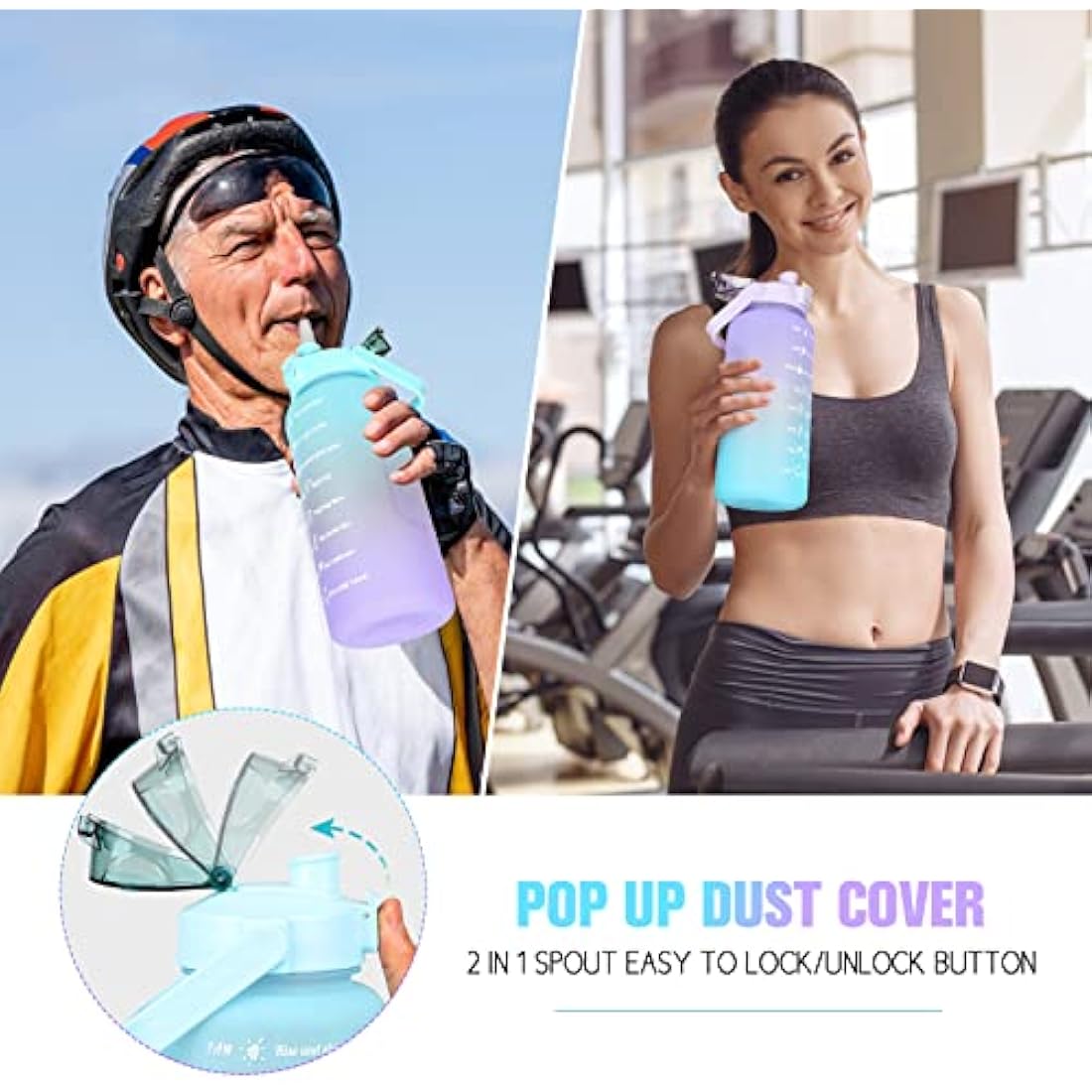 Water Bottle 2L BPA Free Sport Drinks Jug with Time Marking & Lock Cover, Leak Proof 2 Liters Water Bottle with Portable Handle, Green Water Canteen Bottle