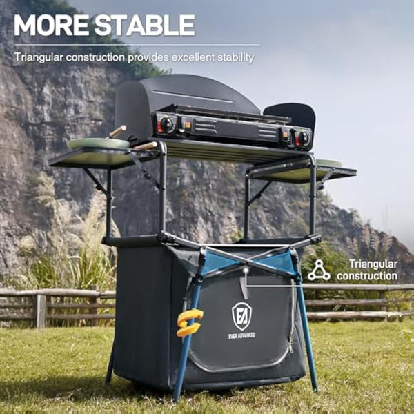 EVER ADVANCED Camping Kitchen Unit with Storage, Folding Outdoor Kitchen Table with Windscreen, Foldable BBQ Table for Camping Storage Picnic Dining Party, Includes Carry Bag