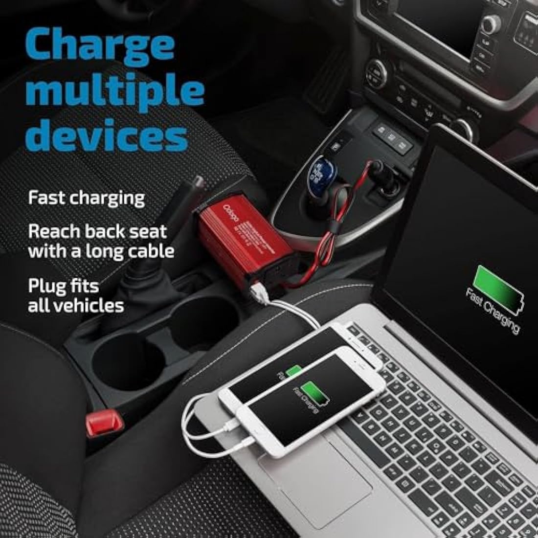 Odoga 300W Car Power Inverter 12V to 240V / 230V Converter, USB-A and USB-C 3A Charging Ports - Charge Your Laptop, iPad, iPhone, Tablet, Consoles & More - Durable and Powerful - Red Aluminum Body