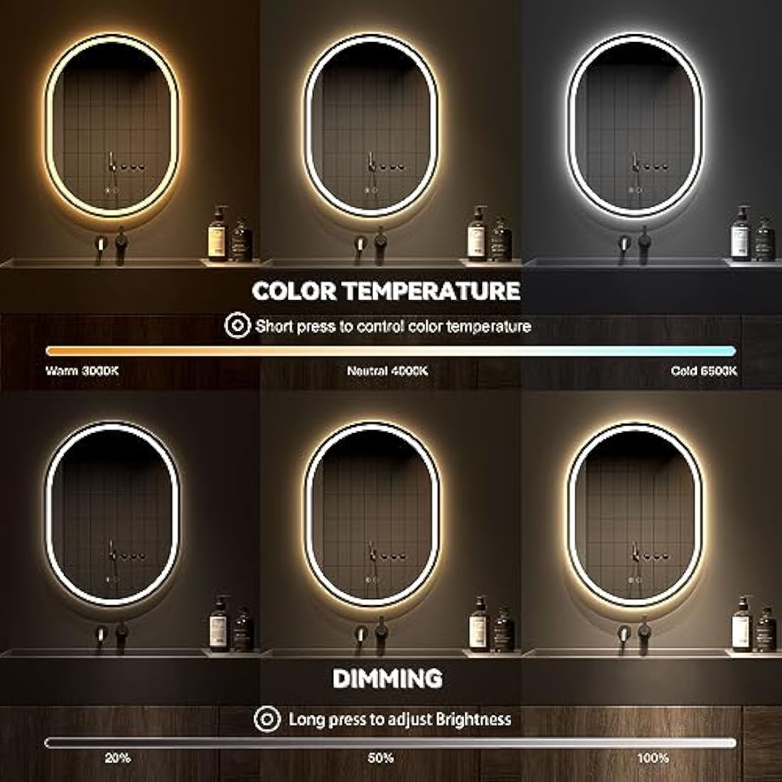 Dripex 600 x 800 mm Bluetooth Oval Bathroom LED Mirror, Illuminated Backlit Wall Mounted Bathroom Mirror with Demister, Anti-fog, 3 Lighting Modes, Dimming Light, IP44