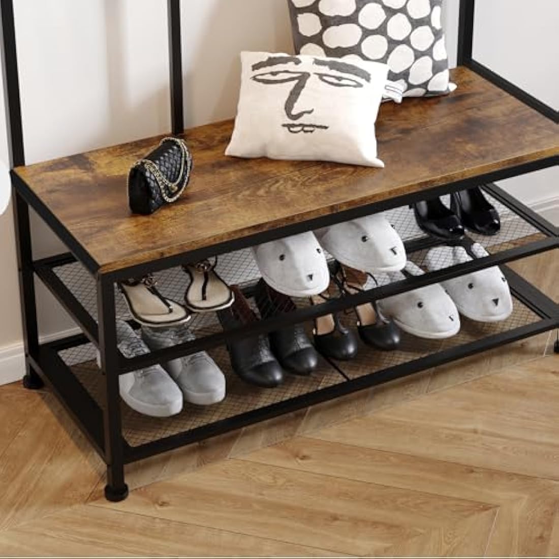 Dripex Large Coat Rack Stand Industrial Coat Stand with Hooks and Shoe Bench Clothes Hat Rack Shelf Metal Frame for Bedroom Living Room Hallway (with 12 Hooks)