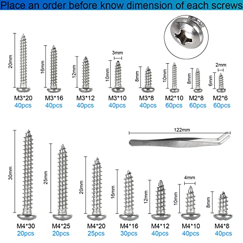 FandWay 595Pcs Self Tapping Screws 304 Stainless Steel,M2 M3 M4 Small Wood Screws Assortment,Pan Head Self Drilling Screw,Round Head Sheet Metal Screw Phillips Drive for DIY Wood Repairs.